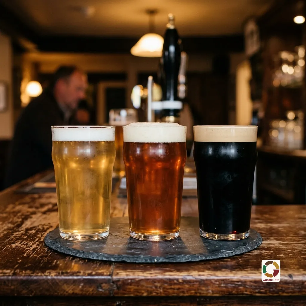 Several beers of different colours in a row