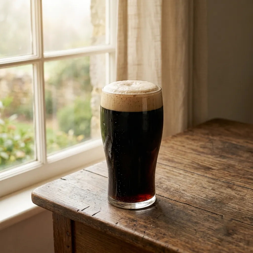 A dark beer with a creamy head in a glass