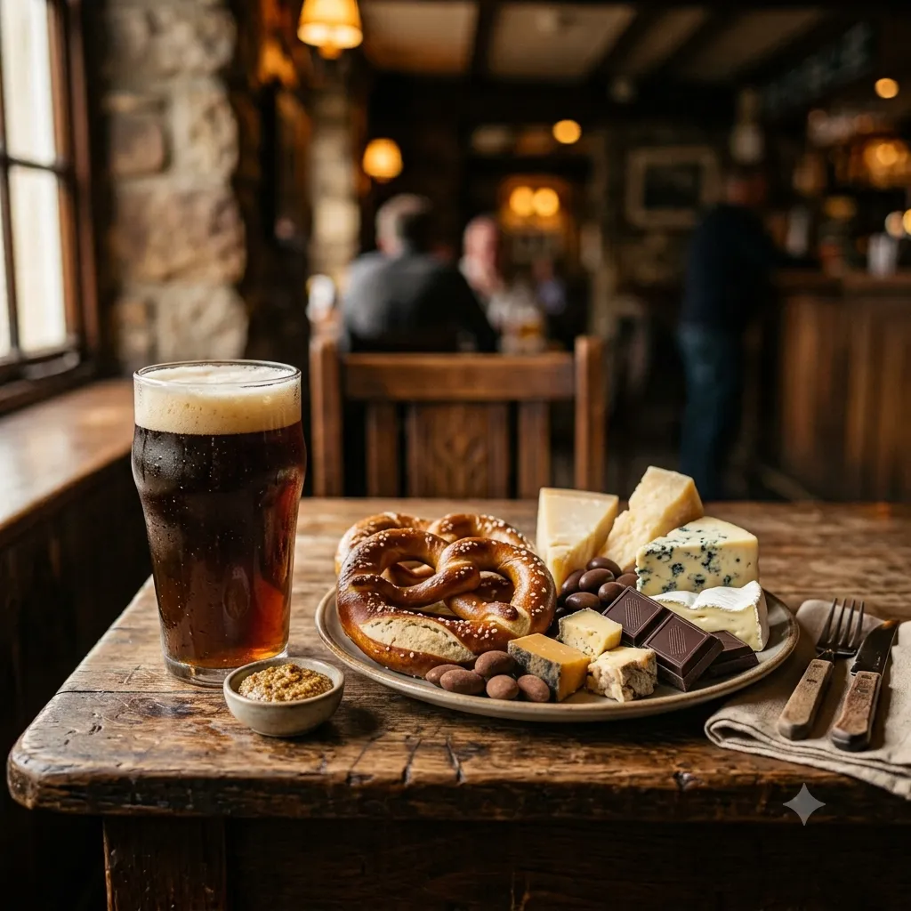 A glass of beer next to a plate of food