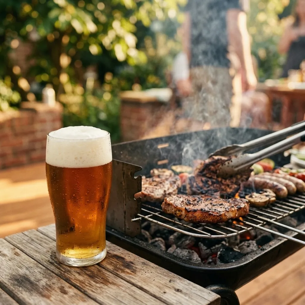 A cold beer beside a grill with cooking meat