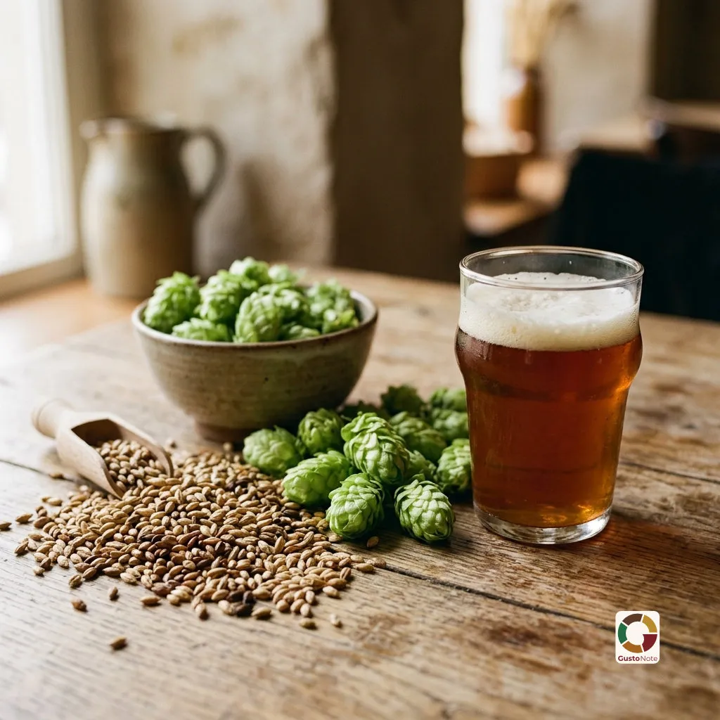 Beer ingredients: malt grain and hop cones