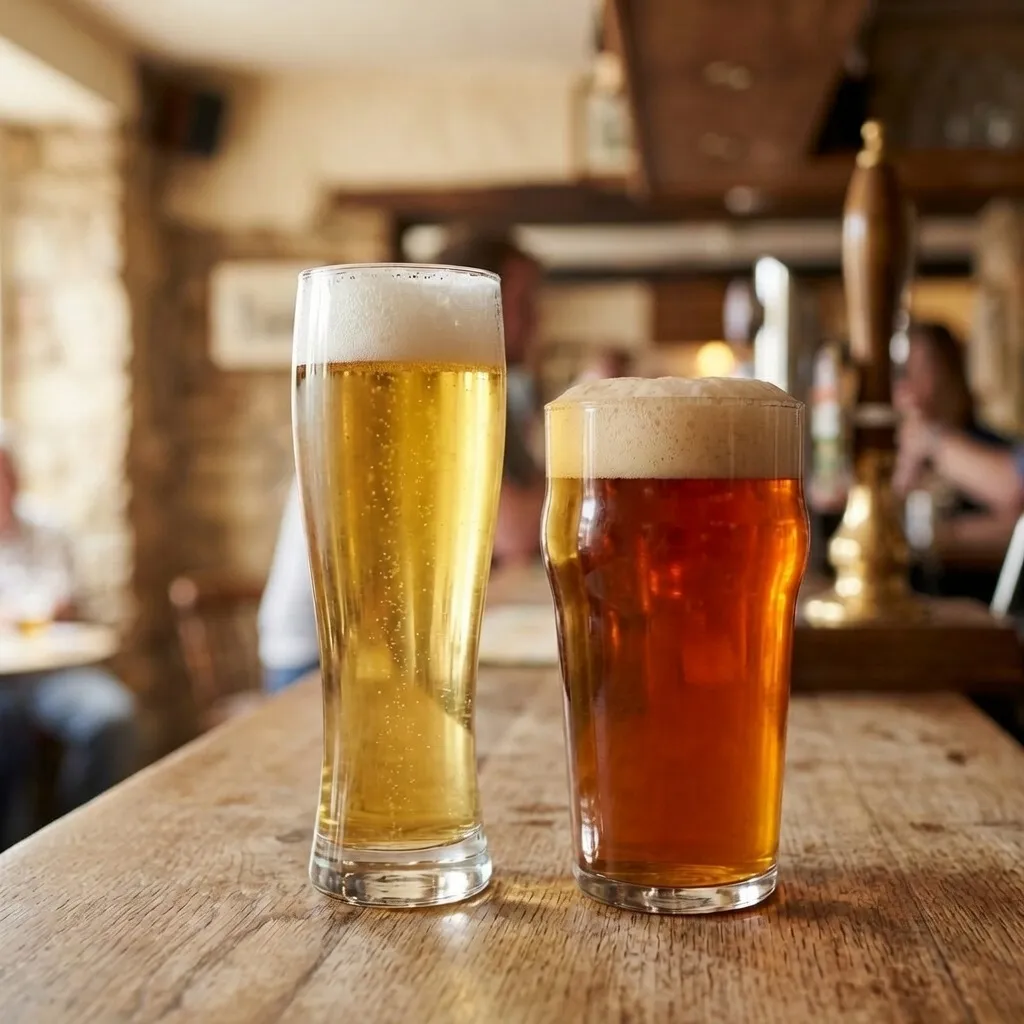 Two glasses of beer side by side, a pale lager and an amber ale