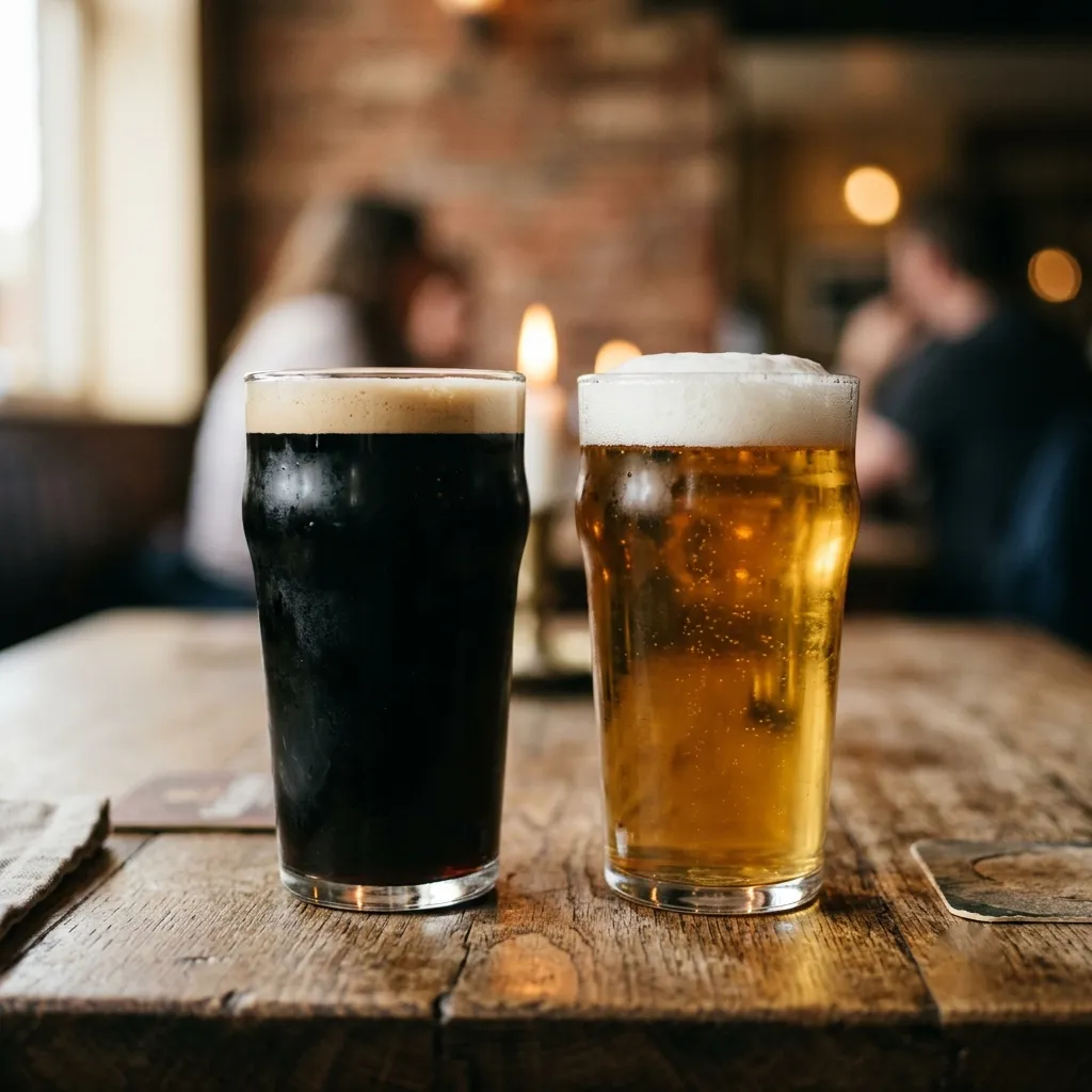 A dark and a pale beer in two glasses side by side