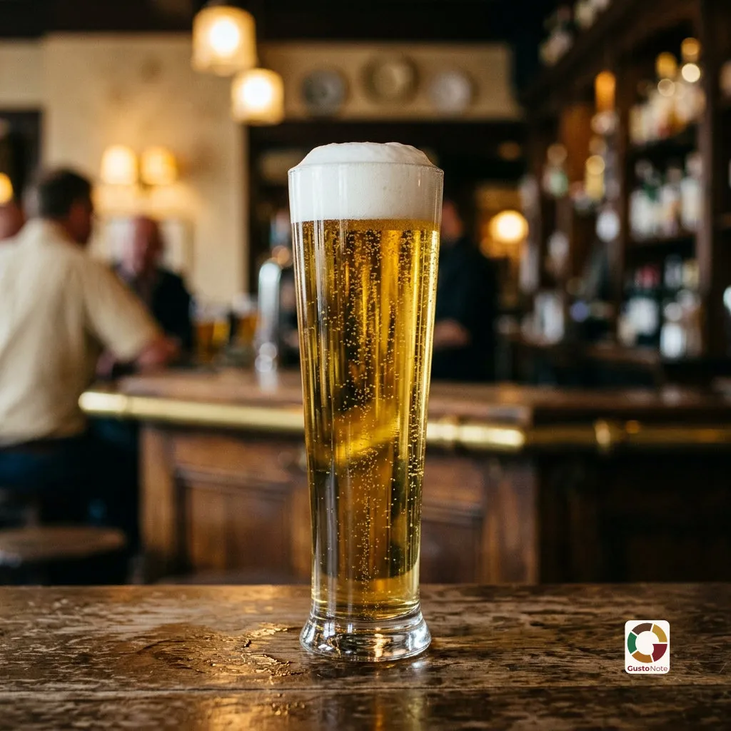 A golden pilsner in a tall glass with a white head