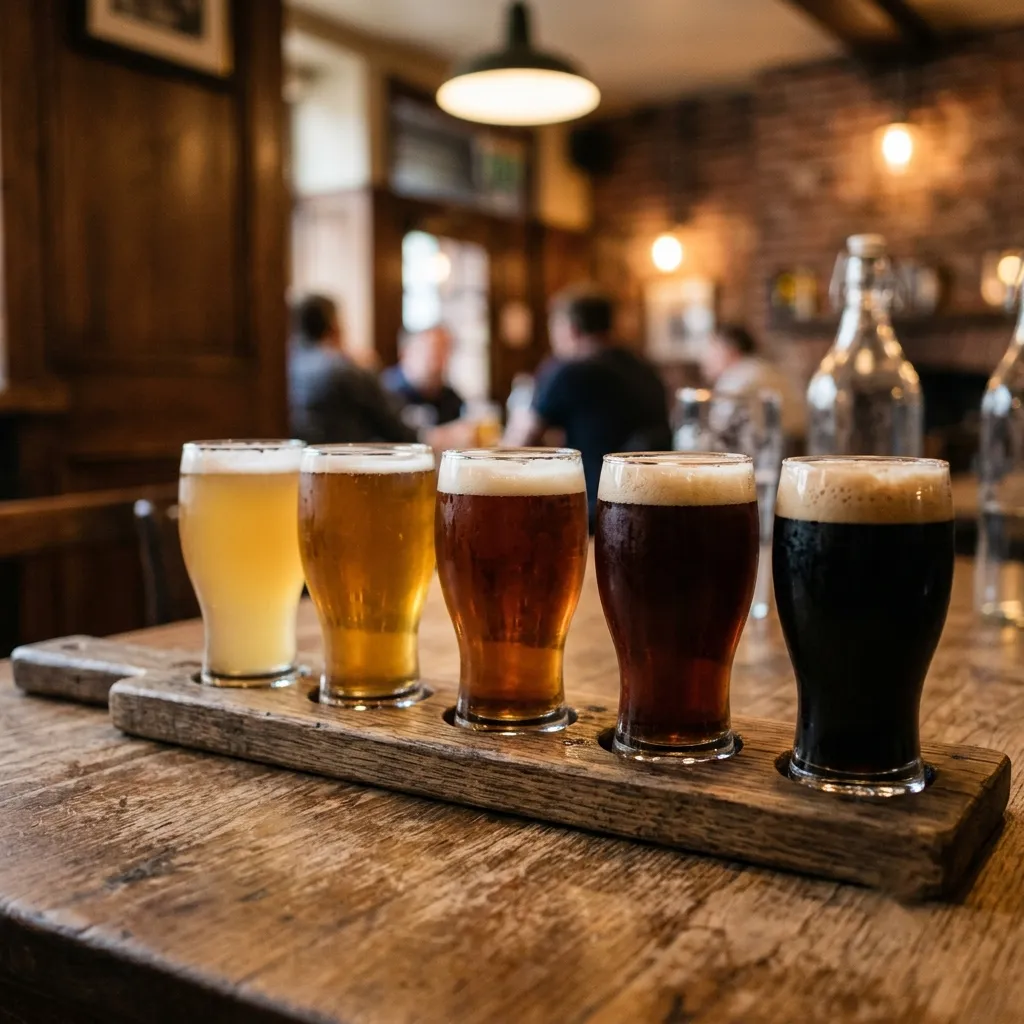 Several small glasses of beer in a row - a tasting flight