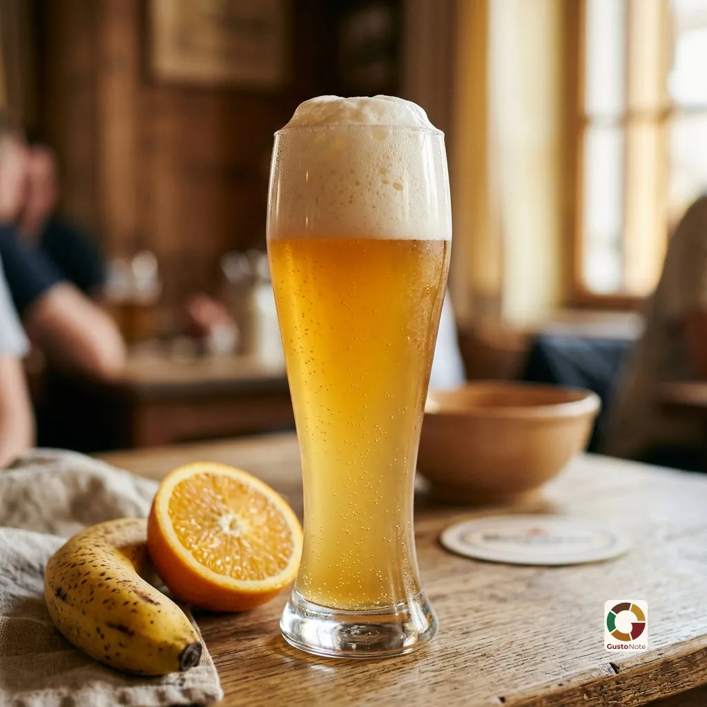 A hazy wheat beer with a thick head