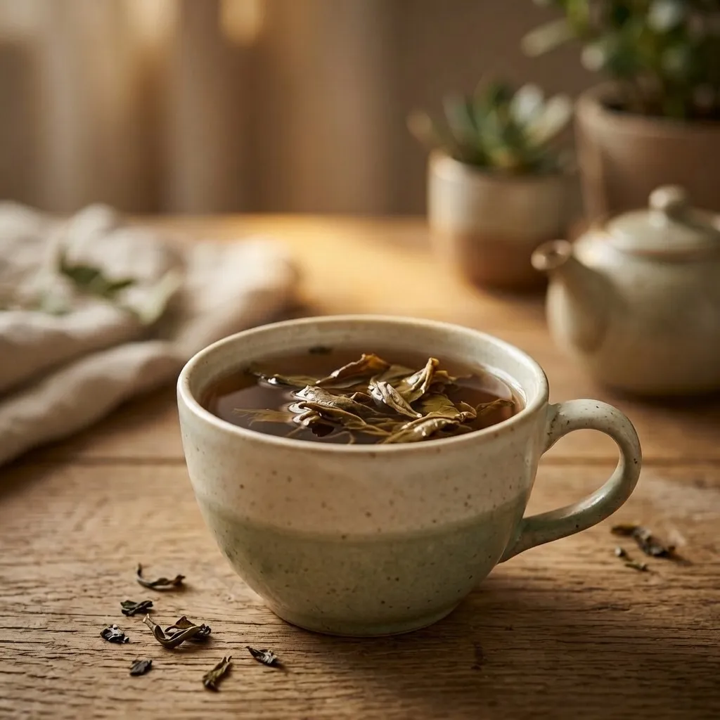 A clear glass teapot with brewed tea, loose leaves, a cup and a notebook on a wooden counter