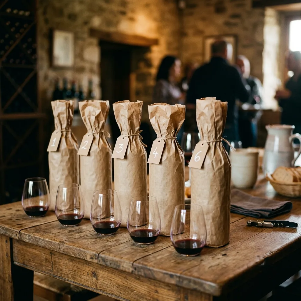 Several wine glasses and foil-wrapped bottles on a table, a tasting among friends