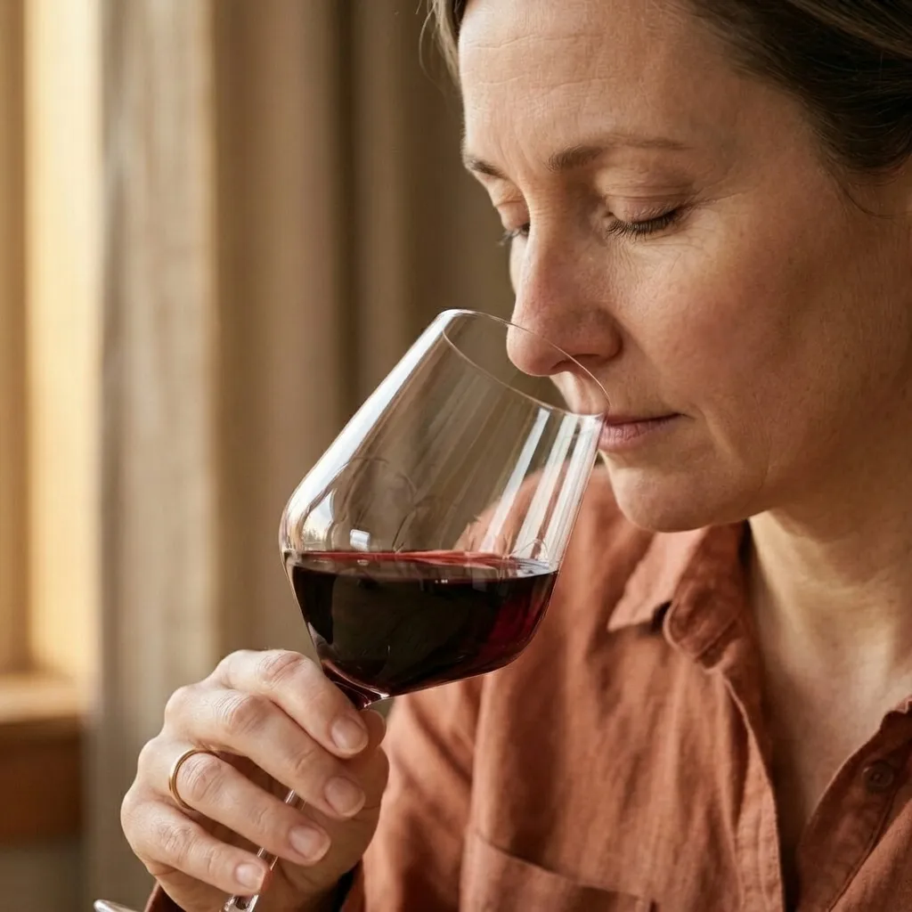 A glass of red wine on a wooden table next to handwritten tasting notes and a pen