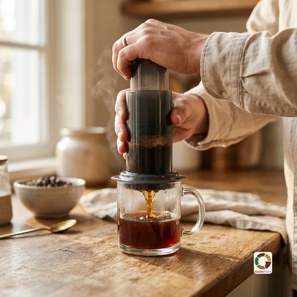 An AeroPress with the plunger over a cup of coffee