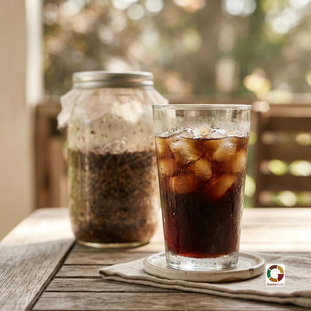 A glass of cold brew with ice and condensation