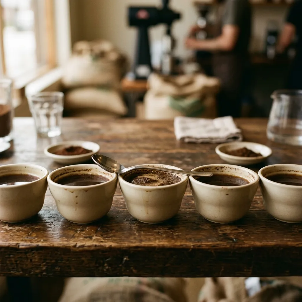 A row of coffee cups for cupping and a cupping spoon