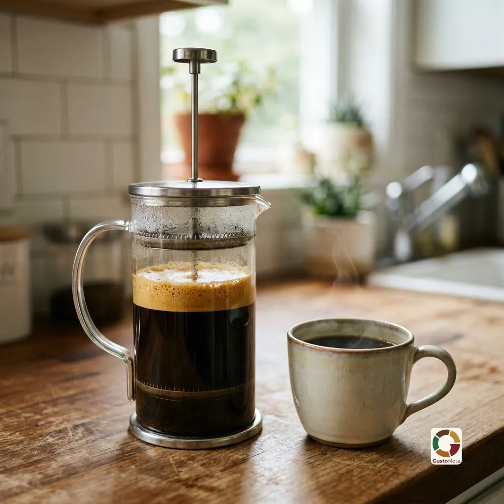 A French press with brewed coffee and a plunger