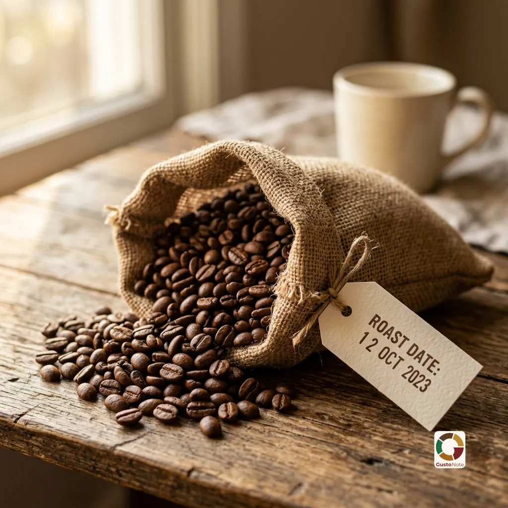 Freshly roasted coffee beans with a roast date