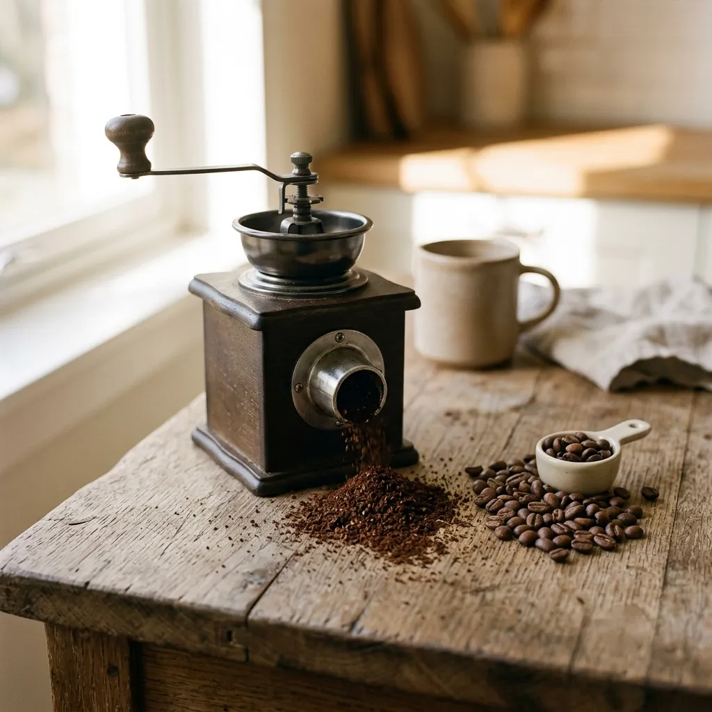 Freshly ground coffee tipped out of a grinder