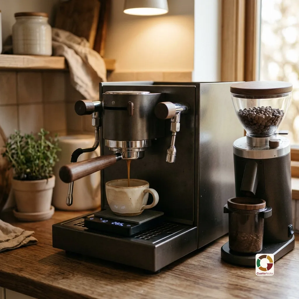 A home espresso machine brewing into a cup