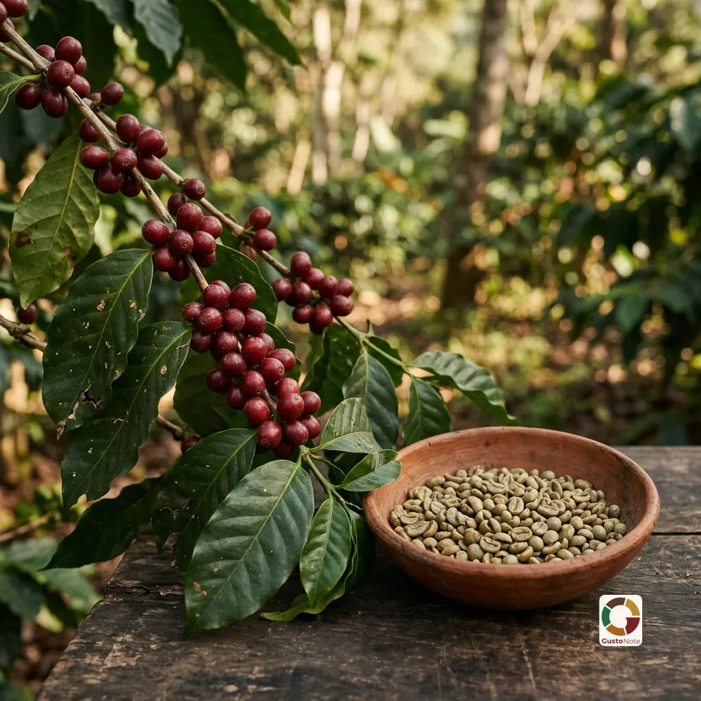 Red coffee cherries on a branch