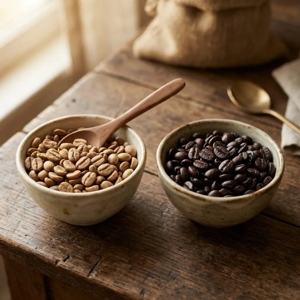 Light and dark roasted coffee beans side by side