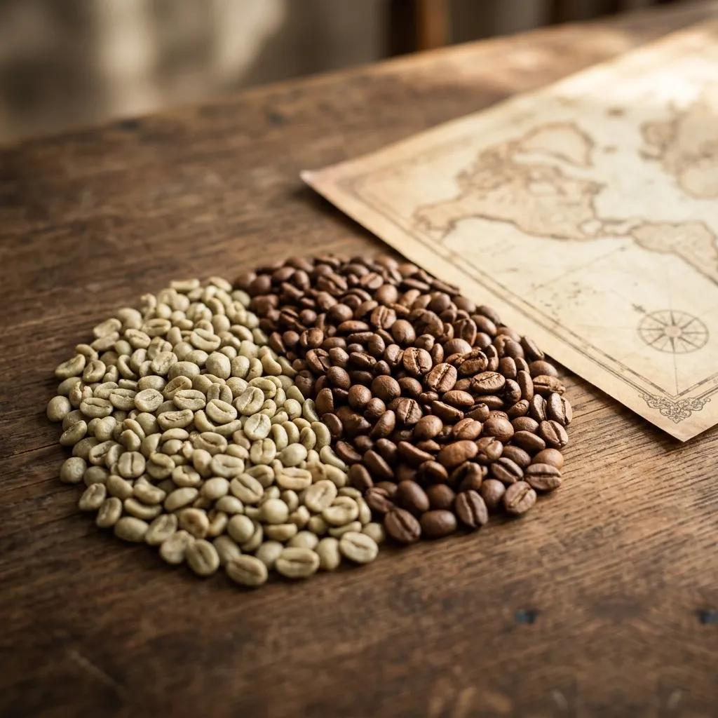 Green and roasted coffee beans next to a world map