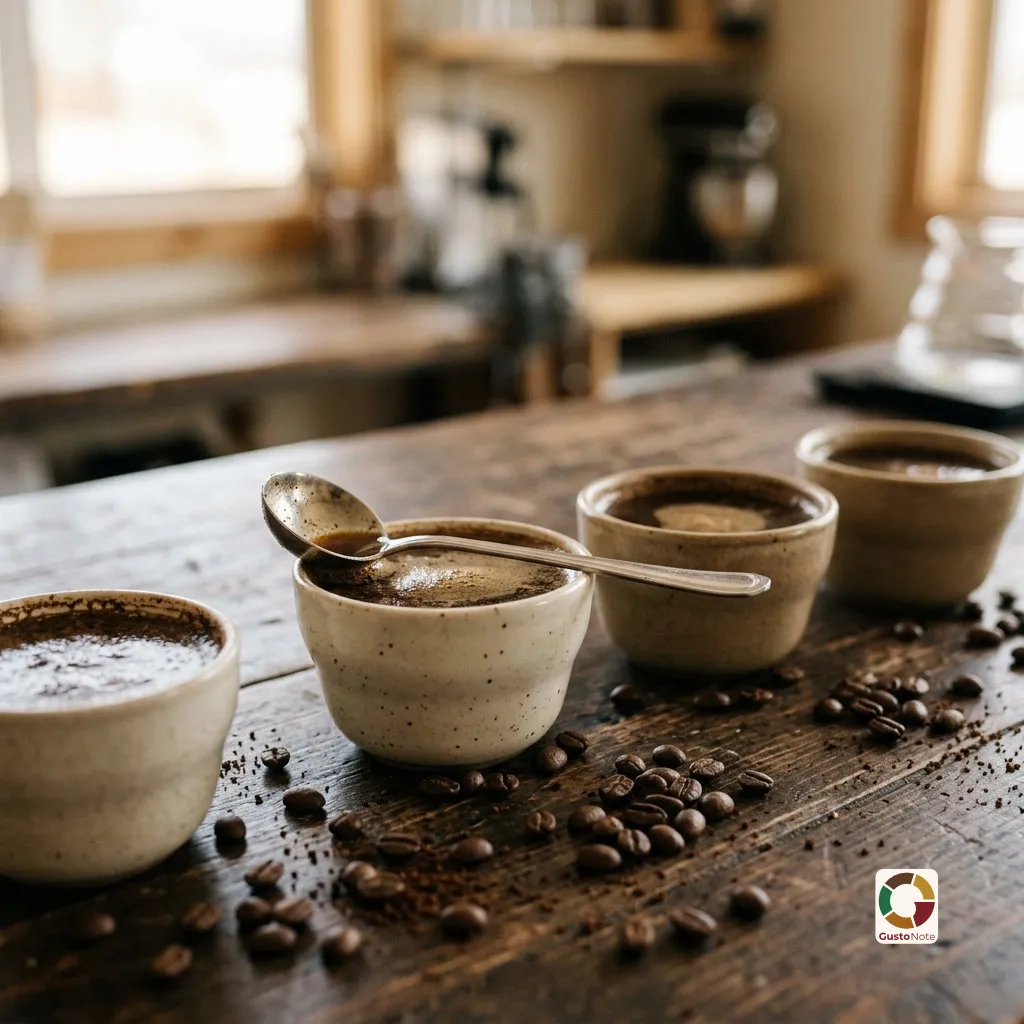 A cup of coffee and scattered beans
