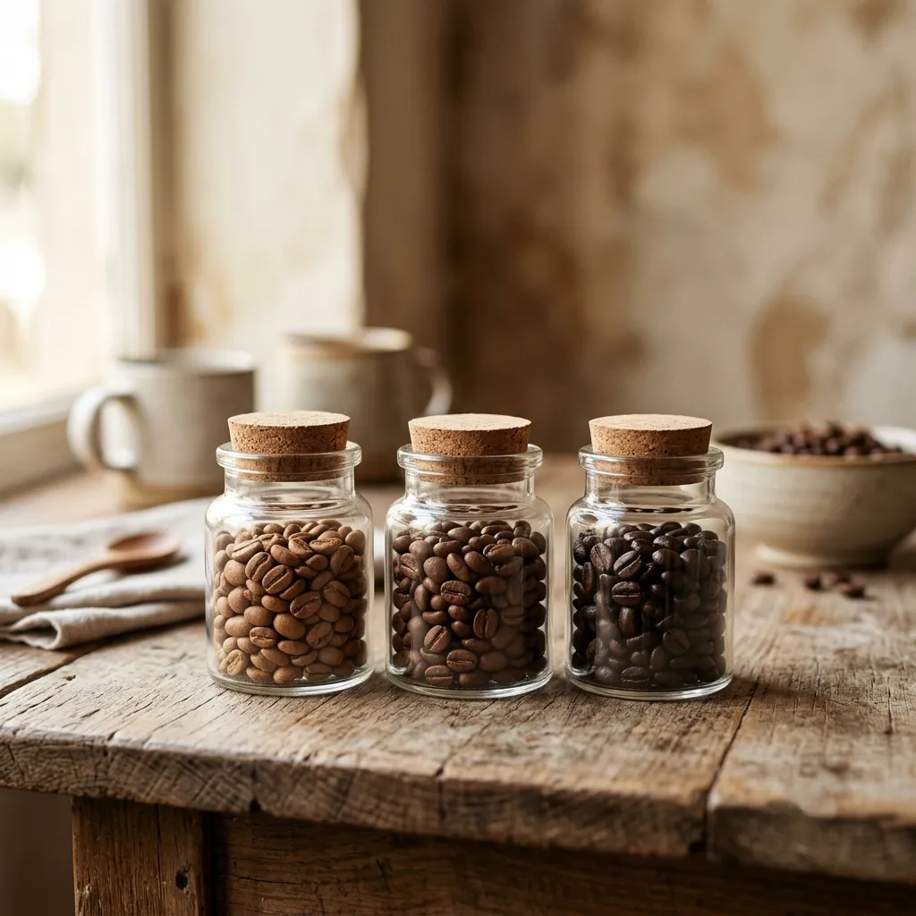 Coffee beans at different roast levels