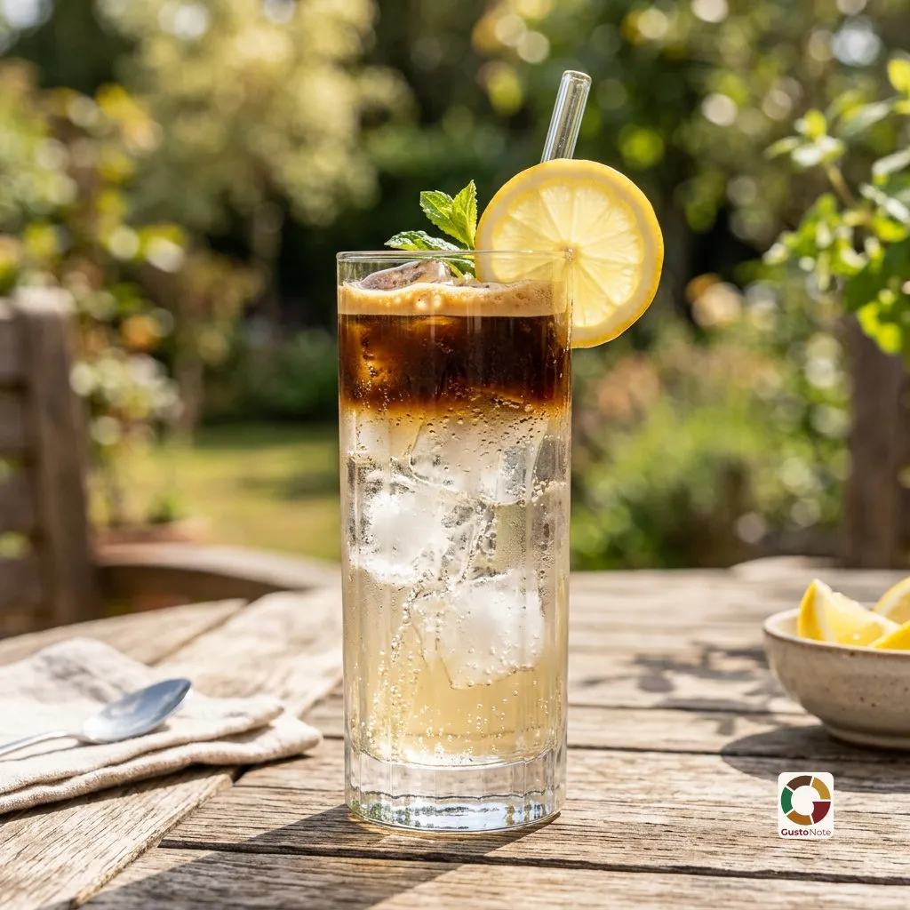 A glass of iced coffee with ice on a summer table