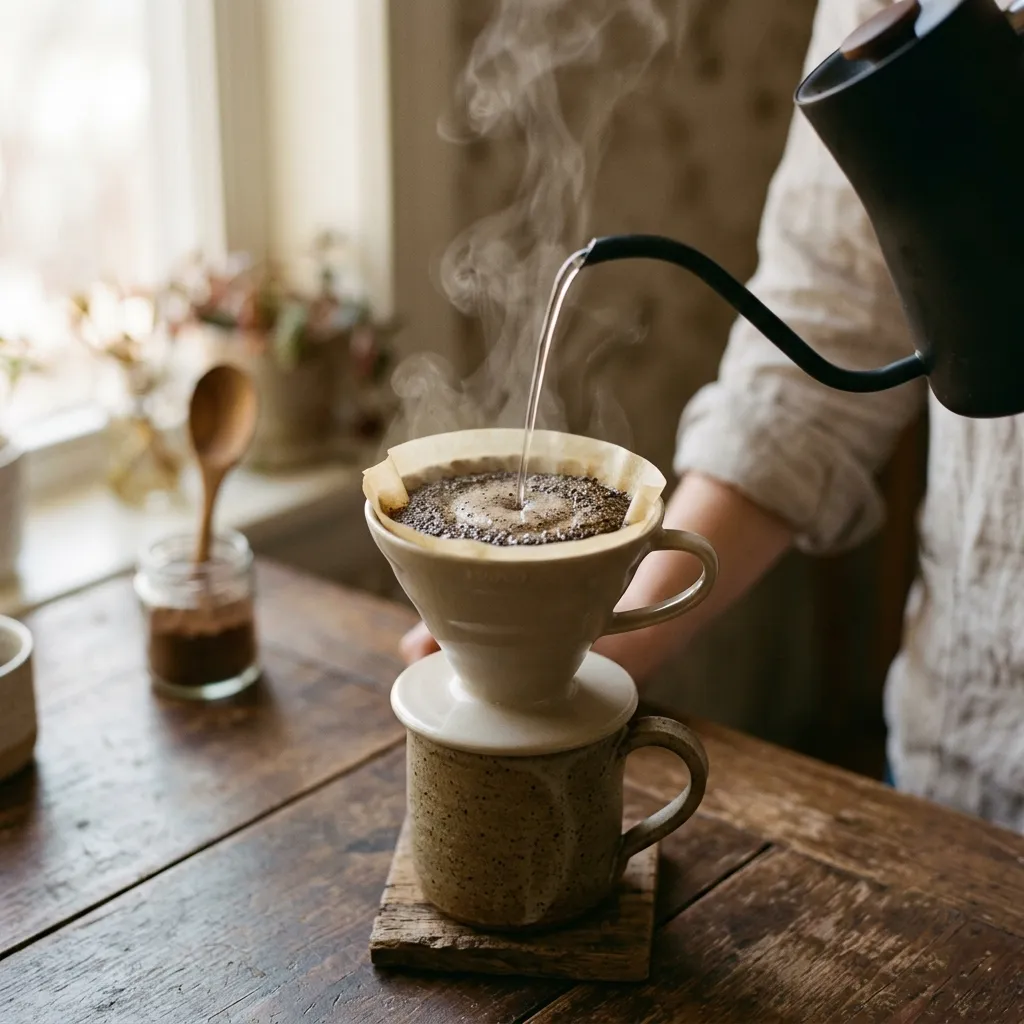 Water poured from a gooseneck kettle onto coffee in a pour-over