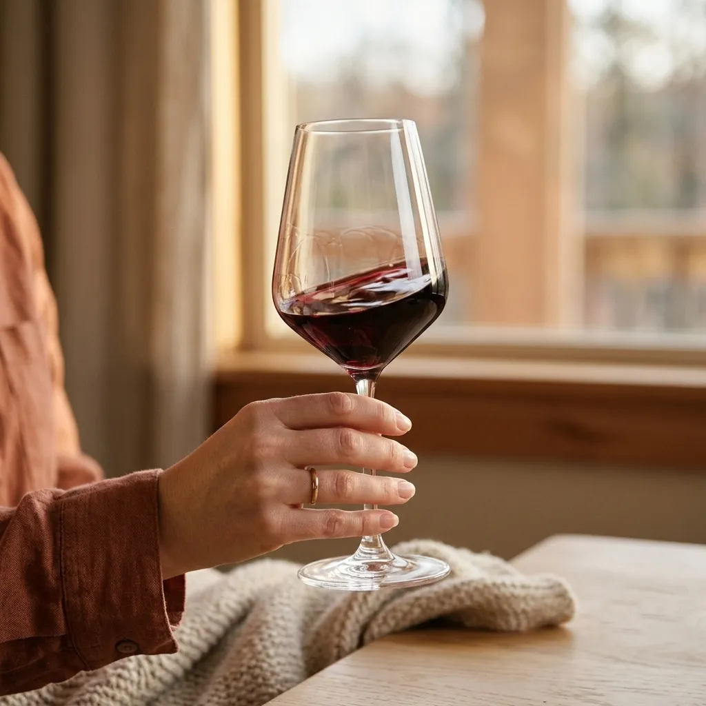 A glass of red wine on a wooden table, with a bottle and notes beside it