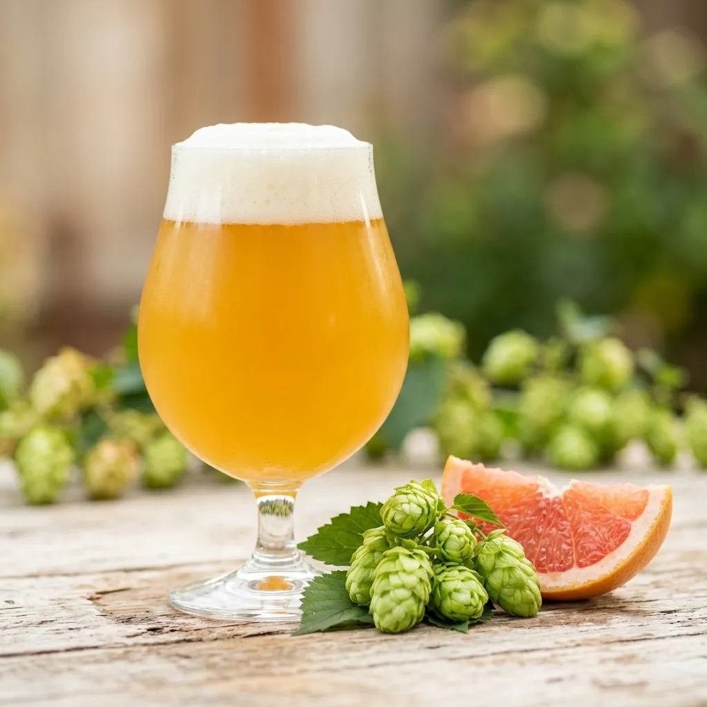 A glass of hazy IPA next to hop cones