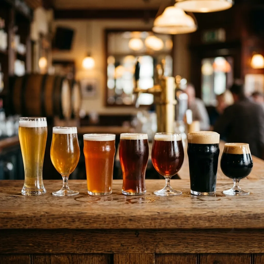 A few different beers in their proper glasses on a wooden counter