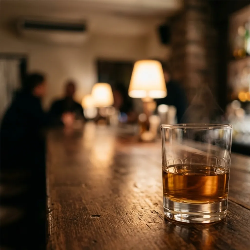 A whisky bottle, a cola bottle, a nosing glass, a tumbler and a notebook on a bar counter