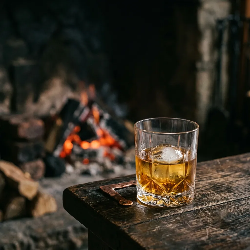 A glass of amber whisky by a fire, smoke in the background