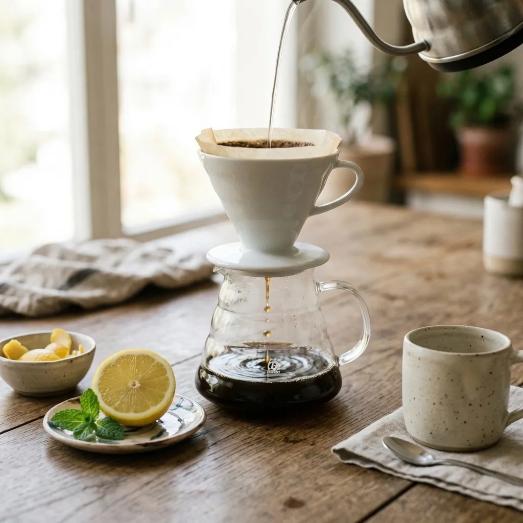 A light pour-over dripper with a filter, freshly ground coffee, a white mug and a notebook on a wooden counter