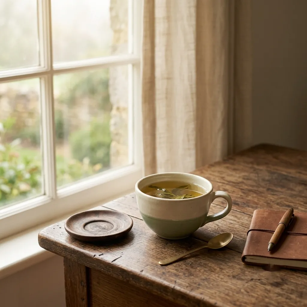 A cup of tea next to tea leaves