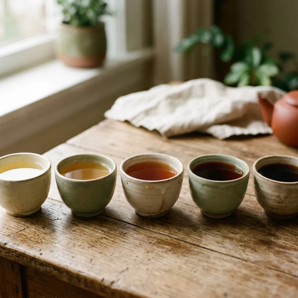 Several cups of tea lined up for comparison