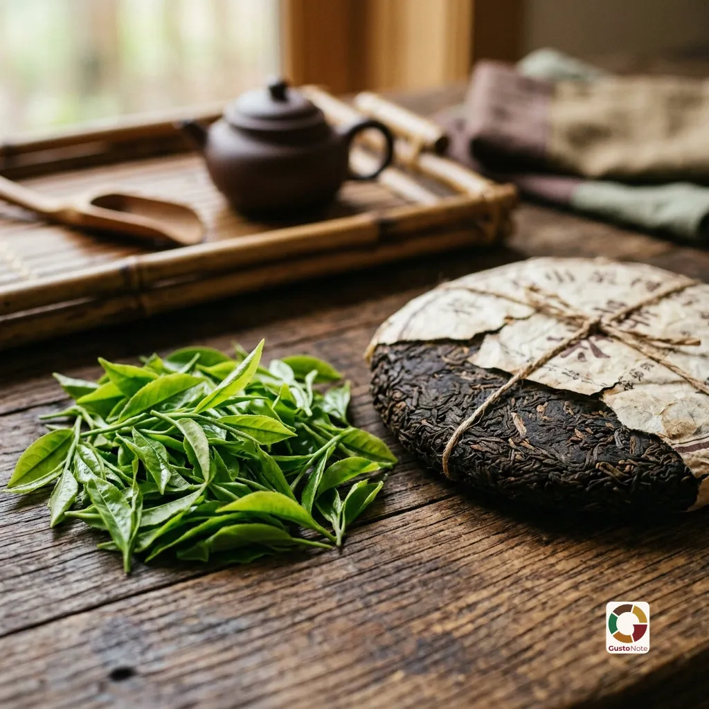 Fresh green tea leaves next to an aged pu-erh cake