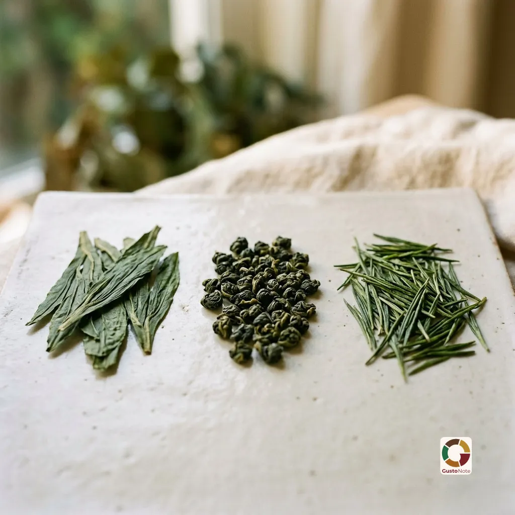 Different loose-leaf green teas side by side