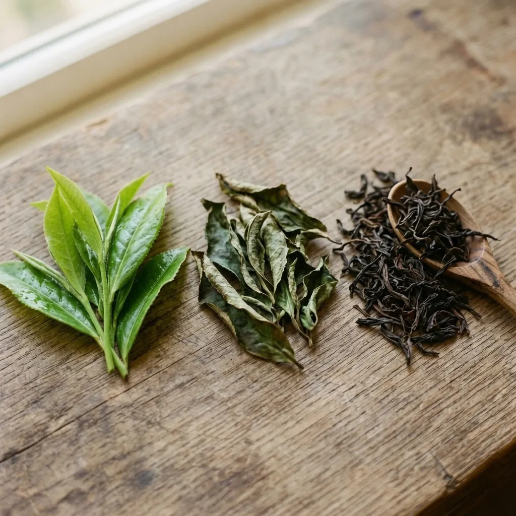 Fresh tea leaves and dried leaf side by side