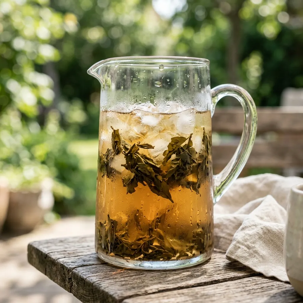 A jug of iced tea with leaves and ice