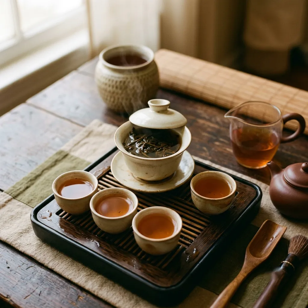 Unfurled tea leaves in a small vessel after steeping