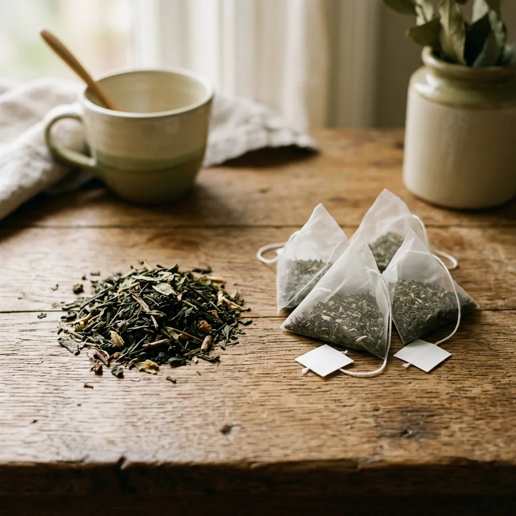 Loose tea leaves next to a tea bag