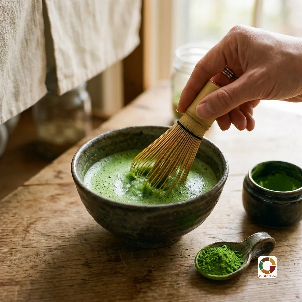 A bowl of frothy, vivid green matcha