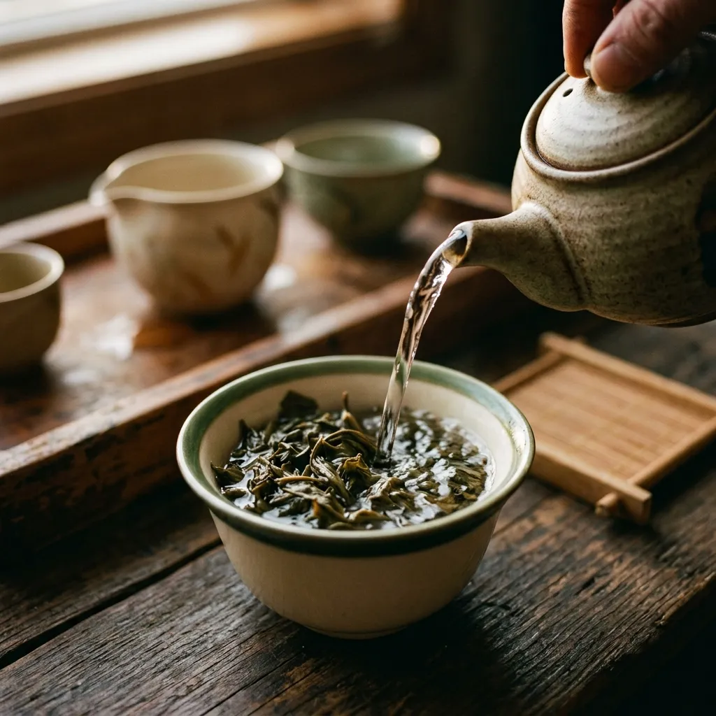 Tea leaves being covered with water in a teapot