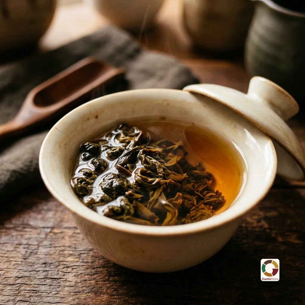 Rolled oolong leaves unfurling in a teapot