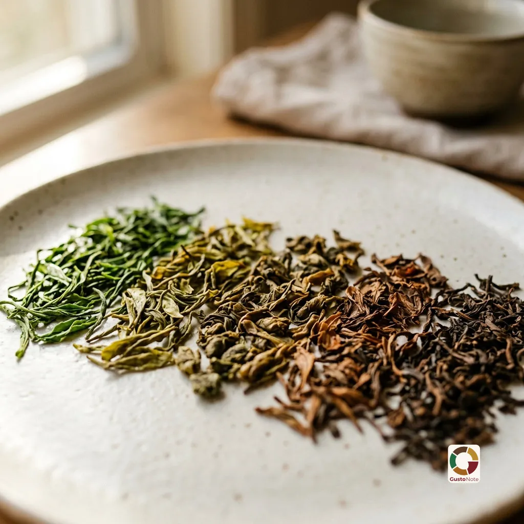 Tea leaves in shades from green to brown