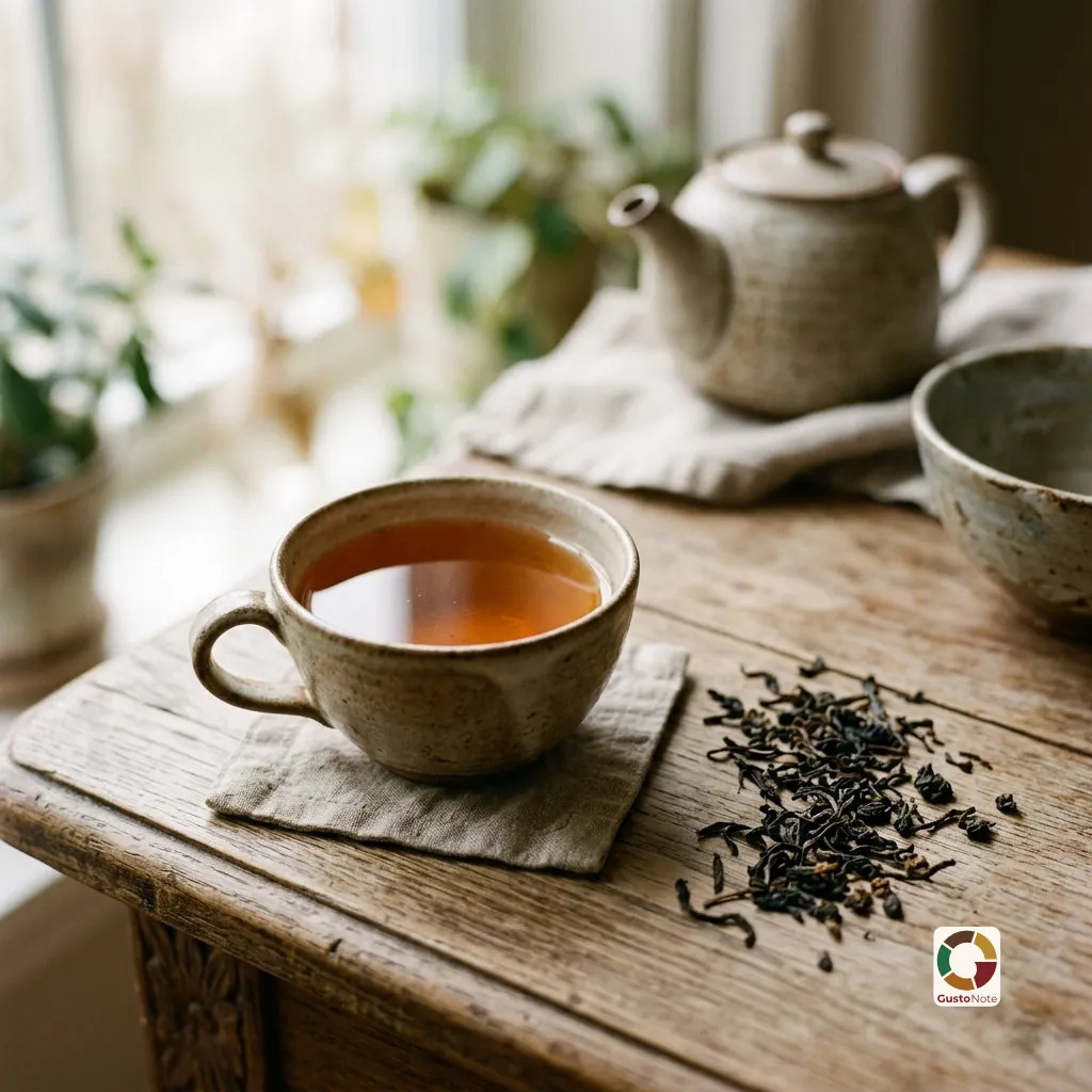 A cup of tea and spread-out leaves
