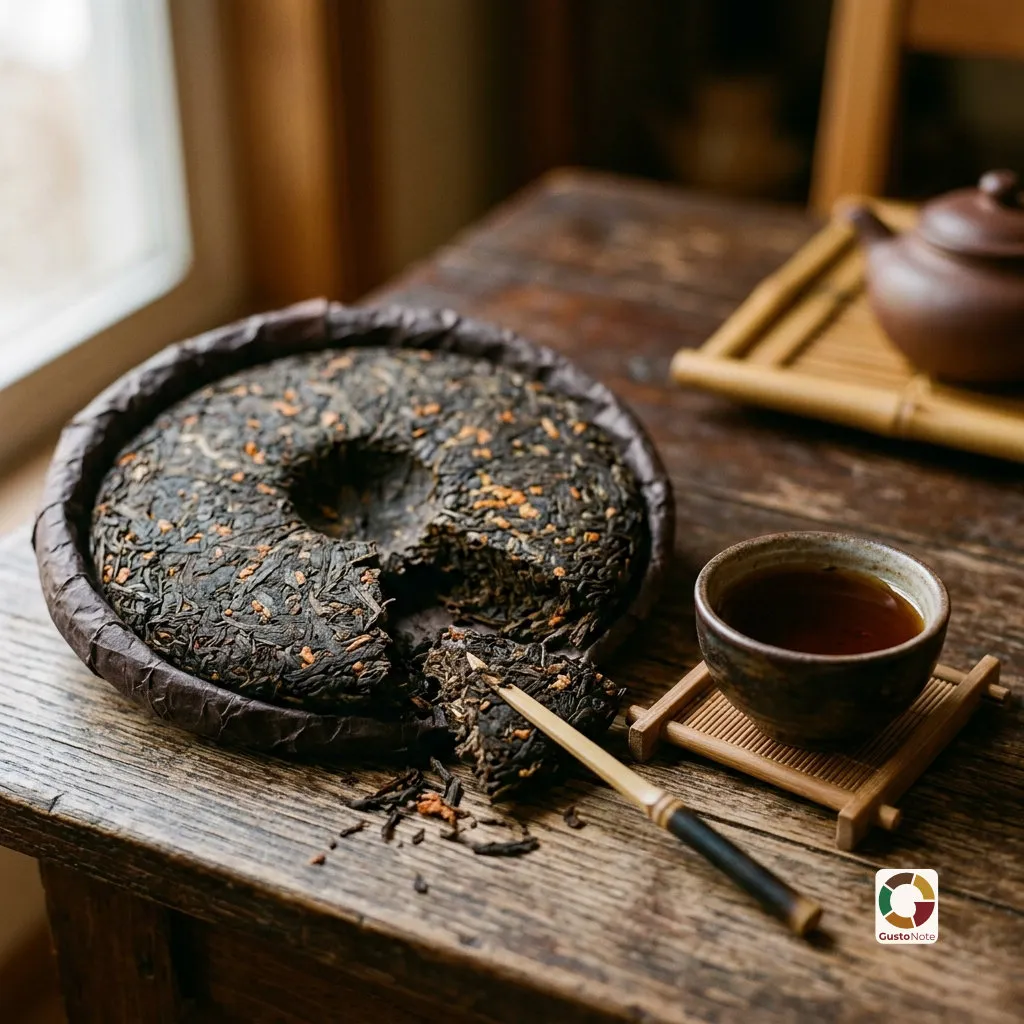 A compressed pu-erh tea cake and a dark brew