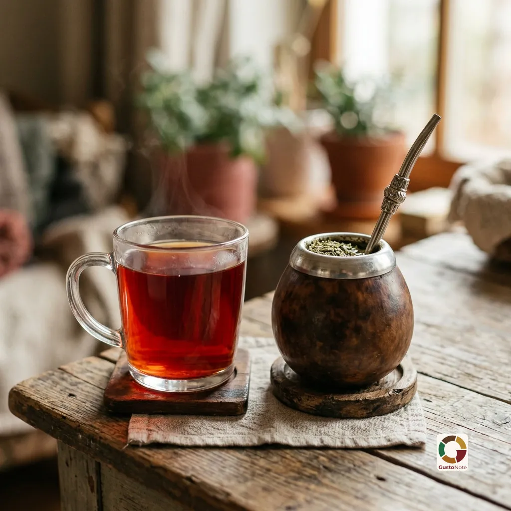 A red rooibos brew and yerba mate in a gourd