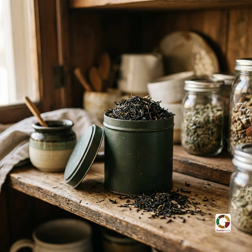 Loose-leaf tea in an opaque tin