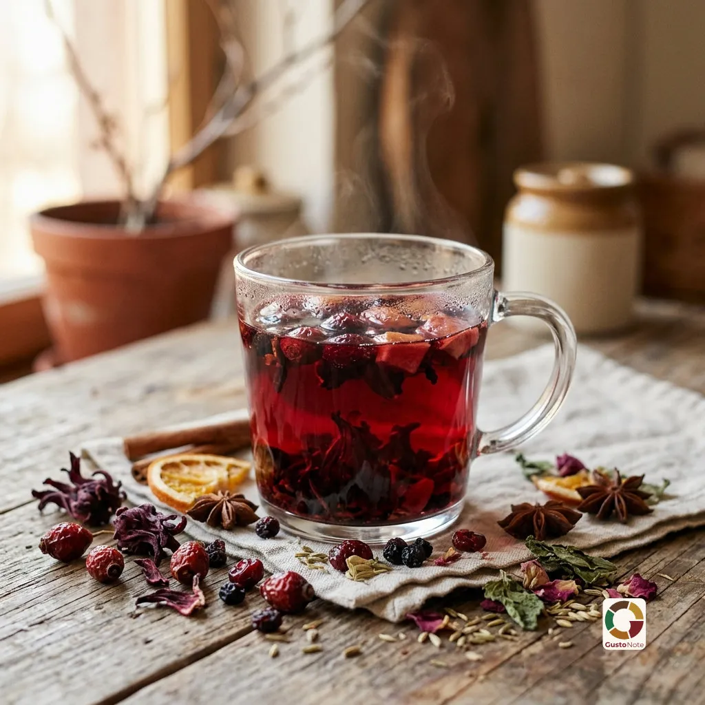 An infusion of dried herbs and fruit in a glass